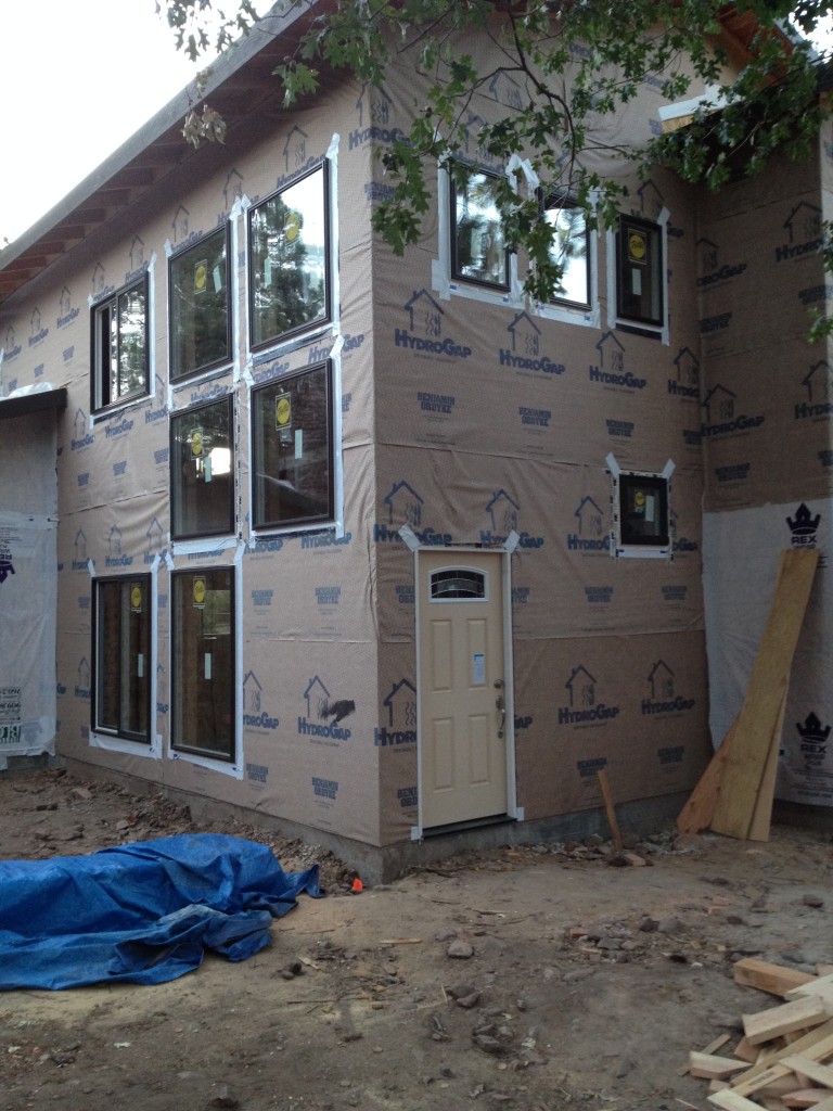 Pella 350 windows taped to the Hydrogap housewrap.